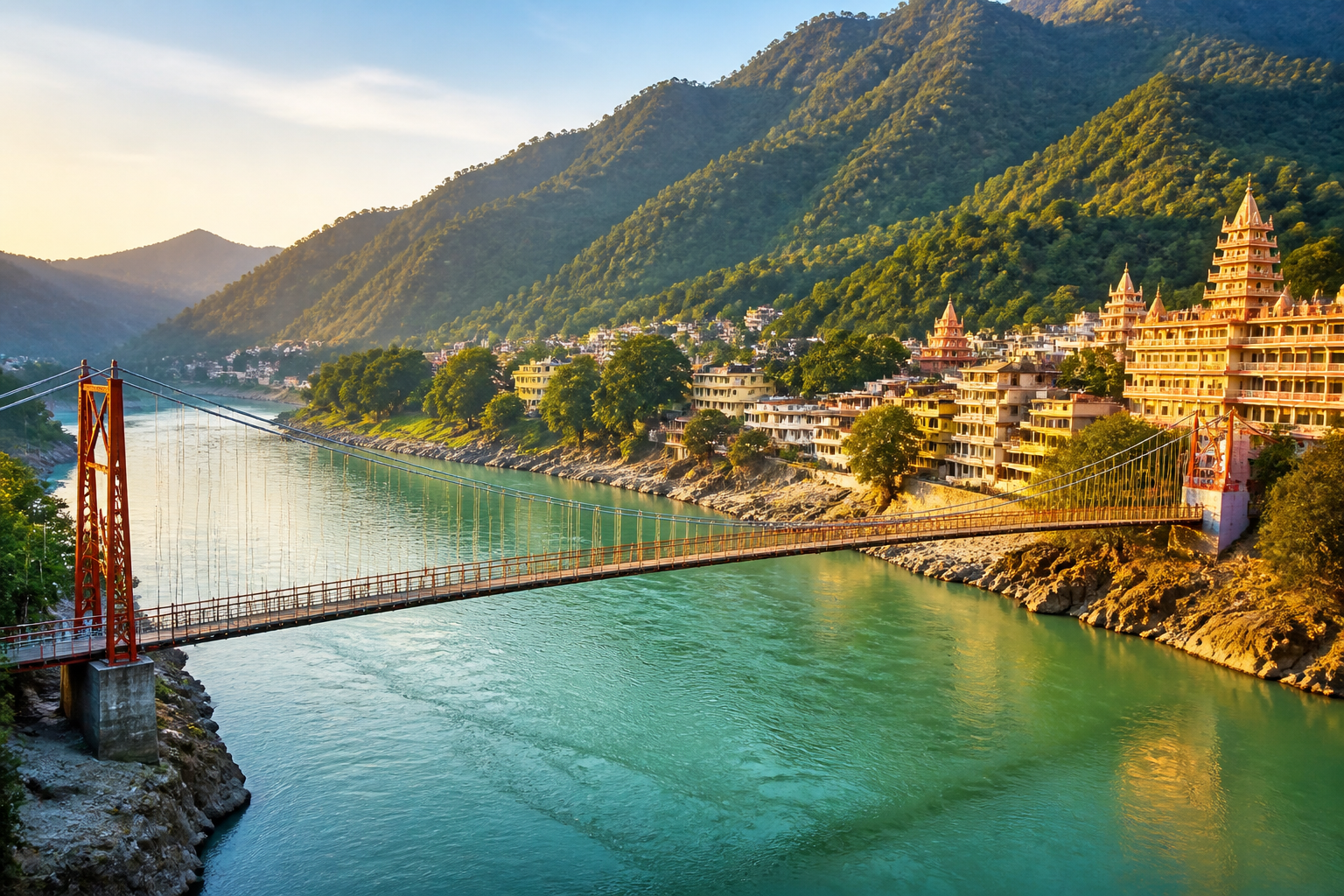 Rishikesh Ganga river and suspension bridge
